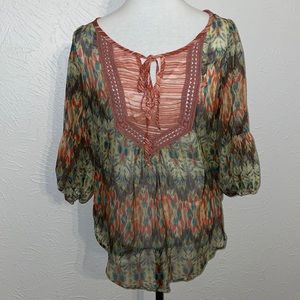 Gibson Chiffon Sheer Lightweight Bell Sleeve Boho Tunic Blouse Medium